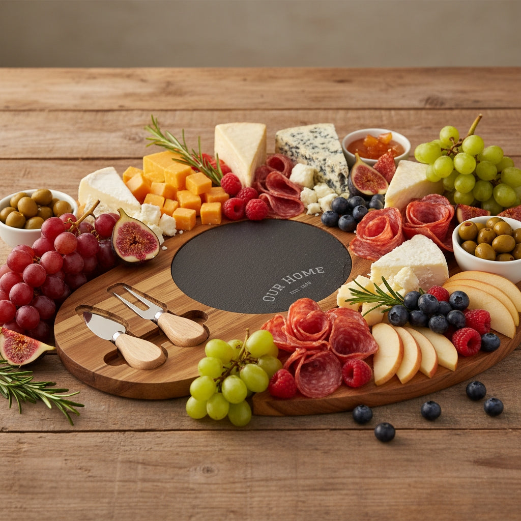 Engraved Acacia Charcuterie Board with Slate Insert & Cheese Knives — "Our Home" Personalizable