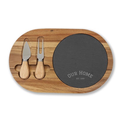 Engraved Acacia Charcuterie Board with Slate Insert & Cheese Knives — "Our Home" Personalizable