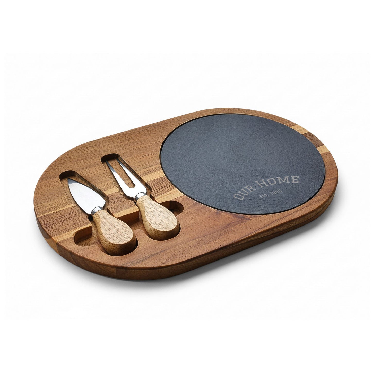 Engraved Acacia Charcuterie Board with Slate Insert & Cheese Knives — "Our Home" Personalizable
