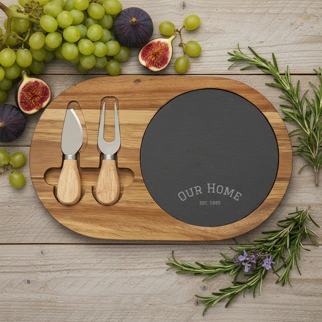 Engraved Acacia Charcuterie Board with Slate Insert & Cheese Knives — "Our Home" Personalizable