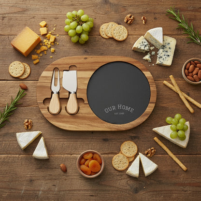 Engraved Acacia Charcuterie Board with Slate Insert & Cheese Knives — "Our Home" Personalizable