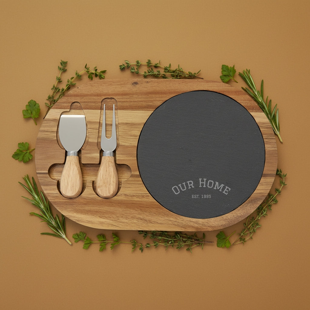 Engraved Acacia Charcuterie Board with Slate Insert & Cheese Knives — "Our Home" Personalizable