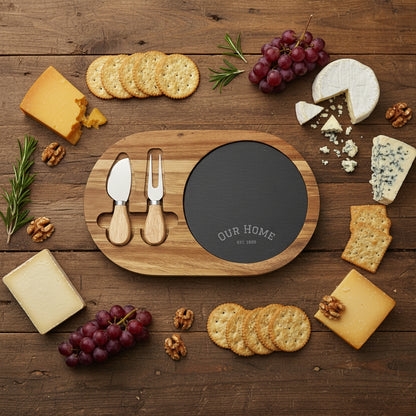 Engraved Acacia Charcuterie Board with Slate Insert & Cheese Knives — "Our Home" Personalizable